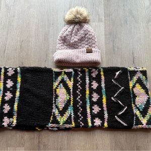 Pink Beanie and Betsey Johnson Black Patterned Scarf Set